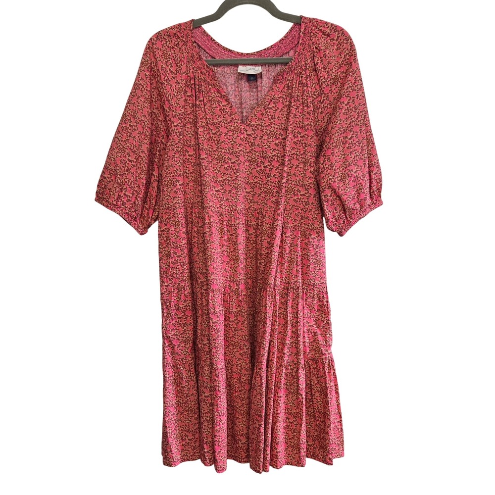 Universal Thread Boho Cottage Pink Floral Tiered Dress V-Neck Puff Sleeve Size M